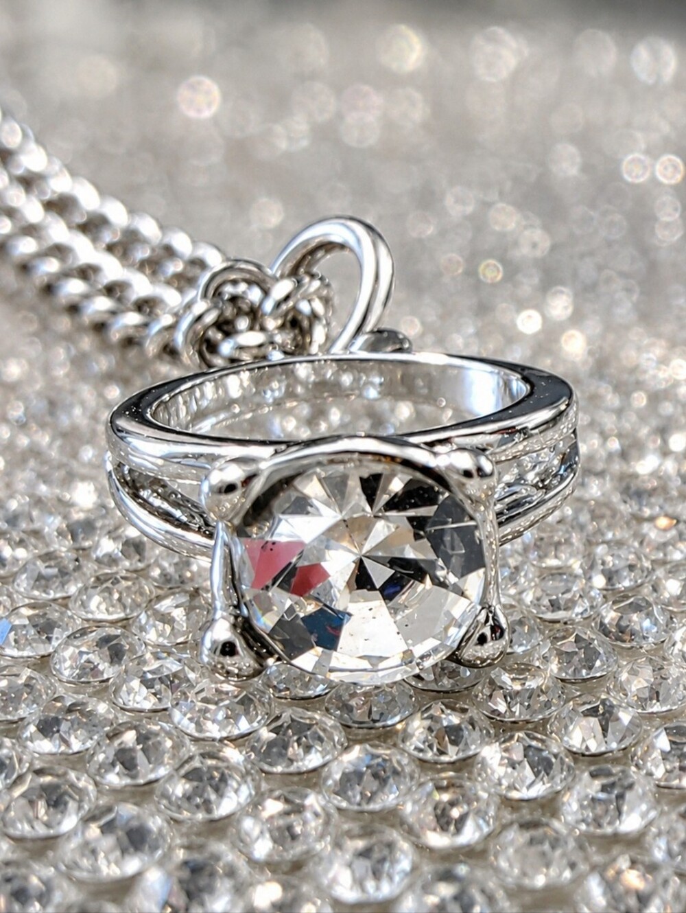 NWT Handmade Silver Faux Diamond Solitaire Ring Pendant Charm Necklace Sz 22"